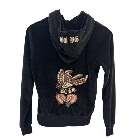 BCBGMaxAzria Tops - BCBGMAXAZRIA Black Y2K Velour Zip Up Embroidered Logo Hoodie Womens Size M